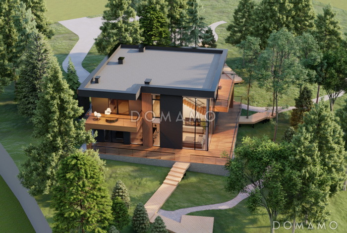 Проект двухэтажного газобетонного дома в стиле хай-тек с масштабным остеклением, вторым светом и спортзалом