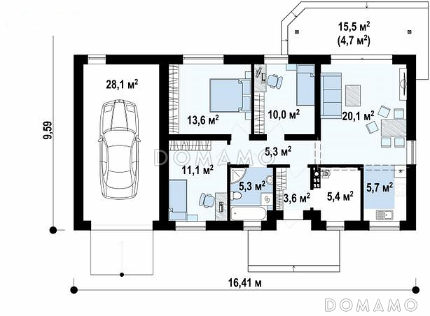 Проект одноэтажного дома с двухскатной крышей, гаражом, ванной с окном / План 1 этажа