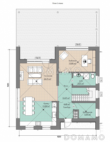 Проект коттеджа с просторной крытой террасой, кабинетом, длинным балконом на мансардном этаже на две спальни / План 1 этажа