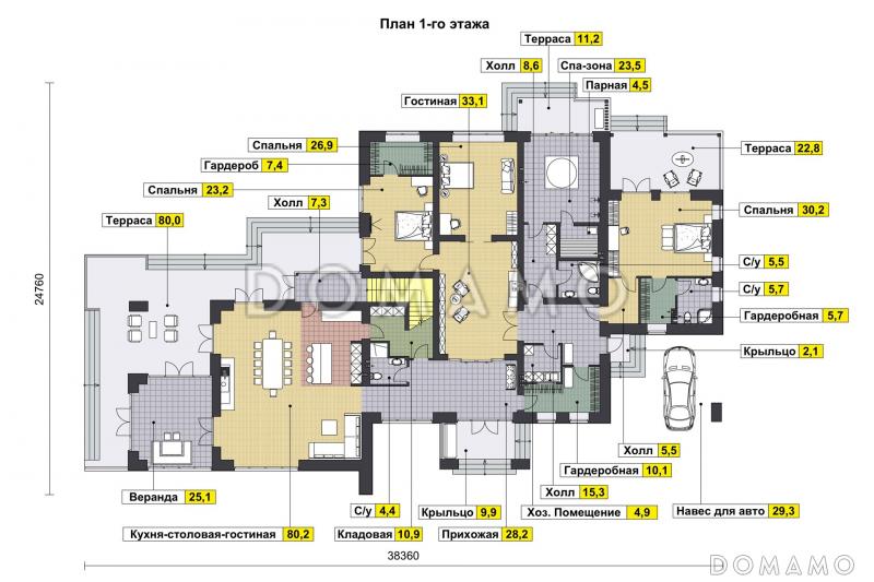 Проект особняка с 4 спальнями, спа-зоной, кинотеатром, верандой, навесом для авто / План 1 этажа