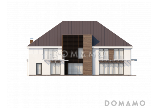 Проект большого комфортабельного двухэтажного дома из кирпича с пятью комнатами, спортзалом и вторым светом над просторной гостиной / Фасад 3