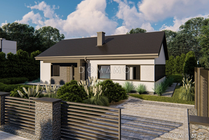 Проект одноэтажного дома простой формы с тремя спальнями,  изолированной кухней