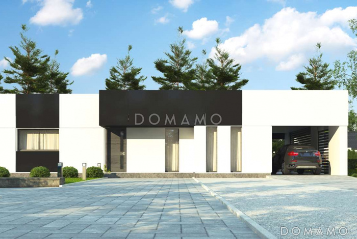 Проект современного одноэтажного дома из газобетона с плоской крышей, с тремя спальнями, террасой и навесом для двух автомобилей 