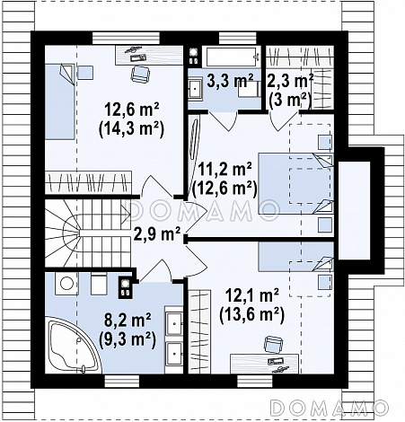 Проект небольшого одноэтажного мансардного дома из кирпича с эркером, с кабинетом и тремя спальнями / План мансардного этажа