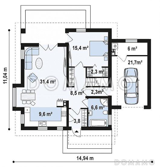 Проект одноэтажного дома из газобетона с мансардным этажом с прямоугольным эркером, балконом и пристроенным гаражом / План 1 этажа
