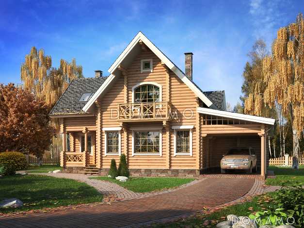 Проект деревянного дома с небольшой парной, просторной террасой и навесом для машины
