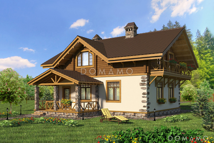 Проект коттеджа шале с террасой и балконом.