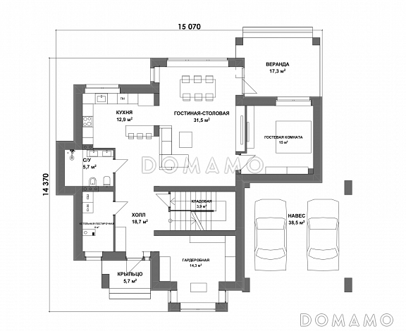 Проект двухэтажного дома из газобетона с мастер-спальней и верандой / План 1 этажа