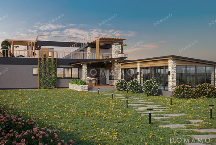 Проект двухэтажного дома с бассейном и гаражом на два автомобиля