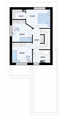 Проект небольшого двухэтажного дома из газобетона с тремя спальнями и балконом, с гаражом / План 2 этажа
