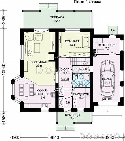 Проект дома из газобетона с спальней на первом этаже / План 1 этажа
