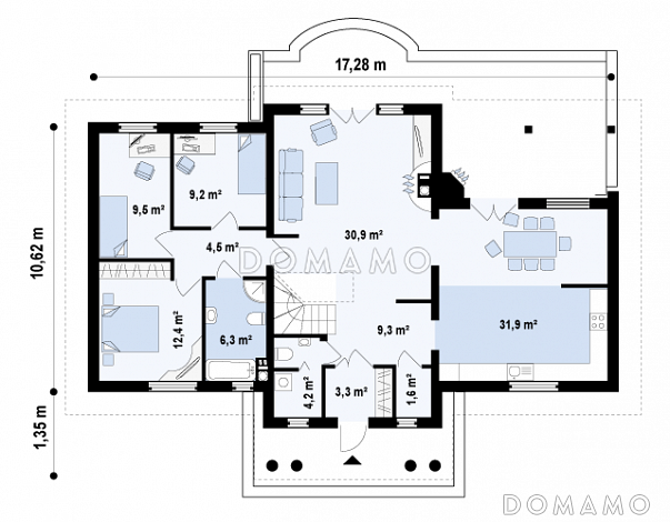 Проект просторного одноэтажного мансардного дома из кирпича с барбекю на крытой угловой террасе / План 1 этажа