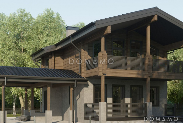 Проект современного дома из клееного бруса с просторным балконом на втором этаже