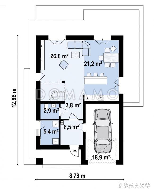 Проект дома с прачечной, гаражом, тремя спальнями на мансарде и просторной гардеробной / План 1 этажа