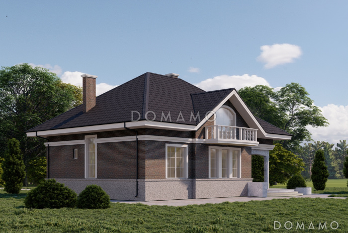 Проект двухэтажного газобетонного дома с тремя балконами, округлыми террасой и крыльцом