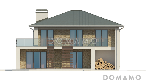 Проект современного двухэтажного дома из кирпича с дополнительной спальней на первом этаже, гаражом и открытой террасой на втором этаже / Фасад 3