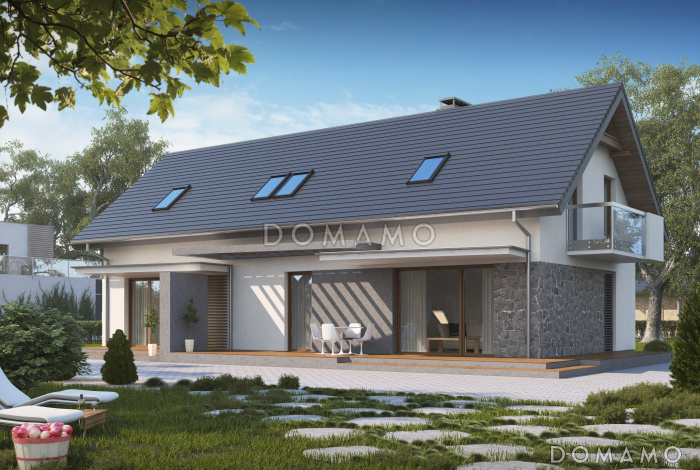 Проект одноэтажного мансардного дома из газобетона с отдельными входами для двух семей