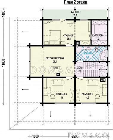 Проект двухэтажного дома из бруса с масштабной крытой террасой и бельведером / План 2 этажа