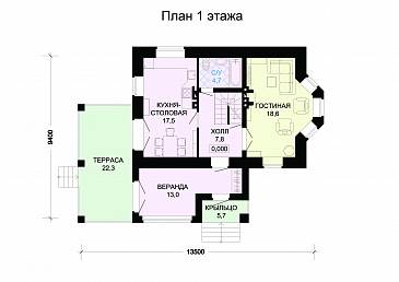 Проект кирпичного дома с верандой / План 1 этажа