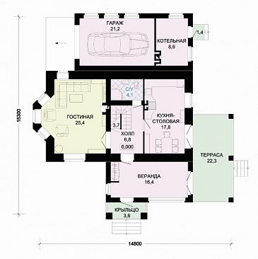 Проект современного дома из оранжевого кирпича с гаражом / План 1 этажа