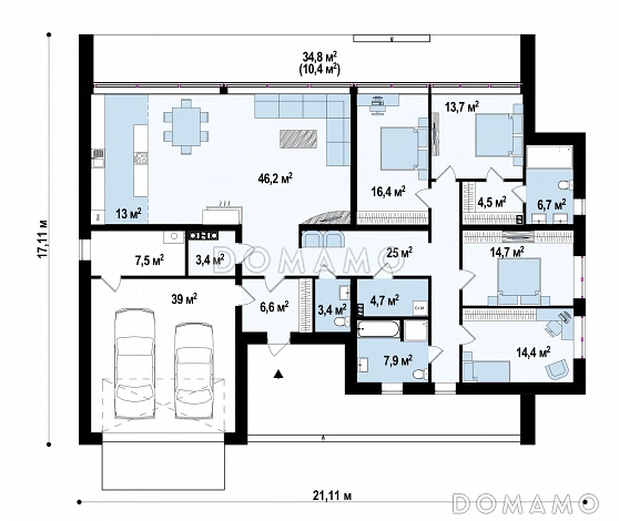 Проект просторного современного одноэтажного дома из газобетона с плоской крышей, большой площадью остекления, с четырьмя спальнями и большим гаражом / План 1 этажа