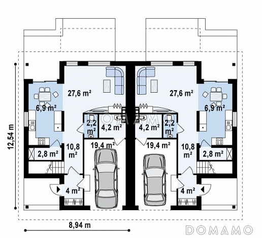 Проект мансардных домов-близнецов из кирпича с гаражом и французскими балконами / План 1 этажа
