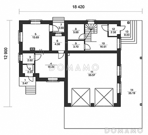 Проект гаража для двух автомобилей с комнатой для охраны на первом этаже / План 1 этажа