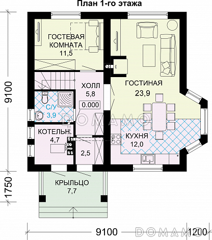Проект дома из газобетона с эркером / План 1 этажа
