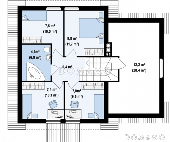 Проект классического одноэтажного мансардного дома из кирпича с четырьмя спальнями и гаражом / План мансардного этажа
