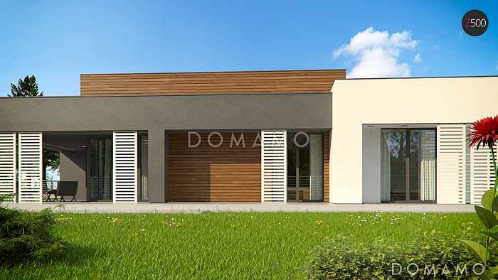 Проект одноэтажного дома из кирпича с плоской крышей, большой площадью остекления и крытой террасой, увеличенная версия