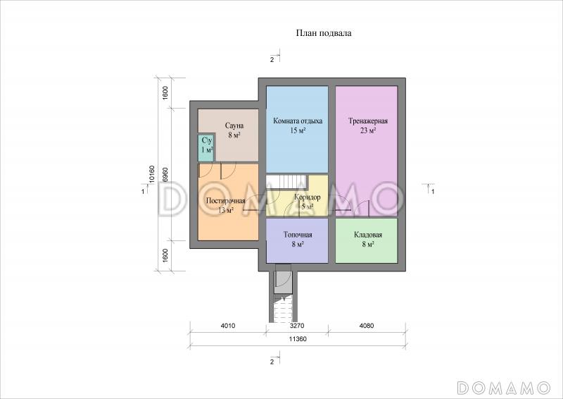 Проект кирпичного дома с цокольным и мансардным этажами, террасой и сауной / План цокольного этажа