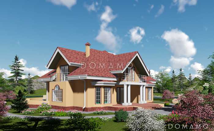 Проект одноэтажного дома с мансардным и цокольным этажами, с двумя эркерами