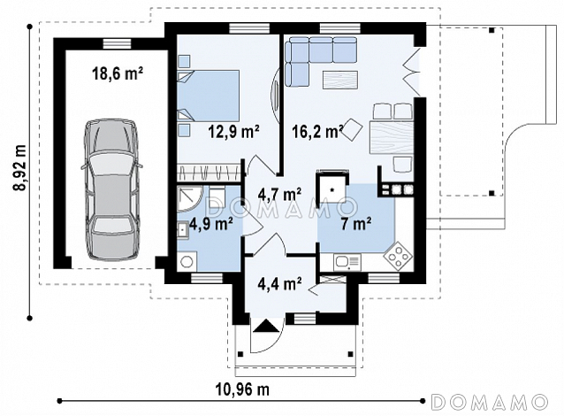 Проект компактного одноэтажного дома из кирпича с одной спальней и гаражом / План 1 этажа