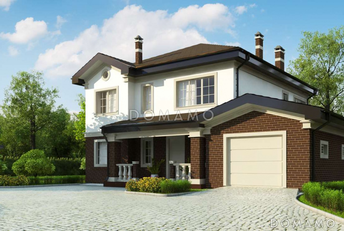 Проект современного двухэтажного дома из кирпича с четырьмя комнатами, гаражом и зимним садом на втором этаже