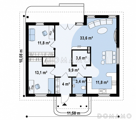 Проект одноэтажного мансардного дома из газобетона с дополнительной комнатой и кабинетом на первом этаже / План 1 этажа
