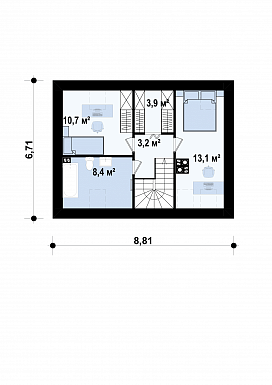 Проект компактного одноэтажного мансардного дома из газобетона с тремя спальнями и фронтальной террасой / План мансардного этажа