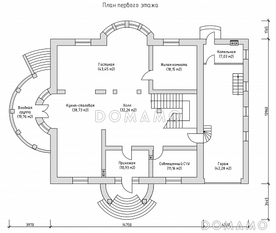 Проект двухэтажного жилого дома, запроектированного в современном стиле / План 1 этажа