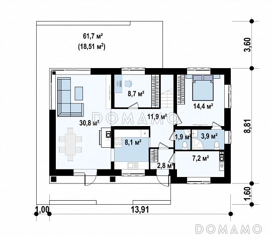 Проект двухэтажного дома из газобетона с пятью спальнями и кабинетом / План 1 этажа
