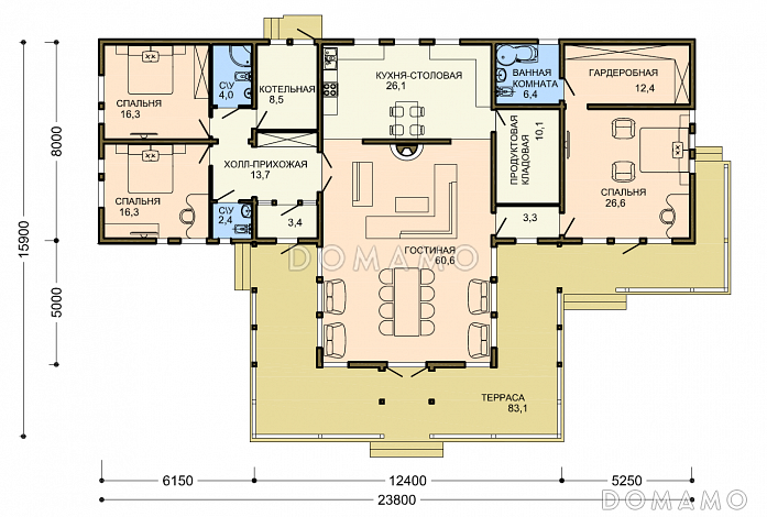 Проект большого усадебного дома с парадной гостиной, тремя спальнями и приватной зоной хозяев / План 1 этажа