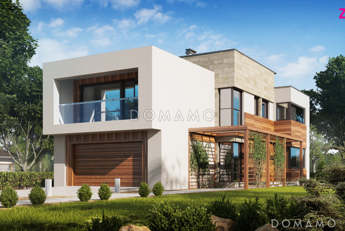 Проект двухэтажного дома из кирпича в стиле модерн, с четырьмя спальнями, кабинетом и гаражом