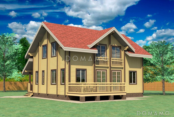 Проект дома с небольшой террасой и гостиной, которая объединена с кухней