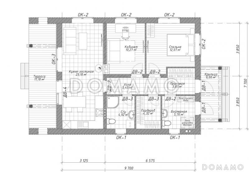 Проект небольшого одноэтажного дома для узких участков S-70 / План 1 этажа