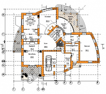 Проект коттеджа с оригинальной планировкой и гаражом на 2 а/м / План 1 этажа