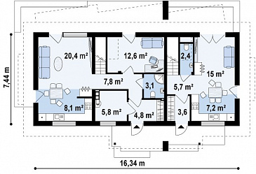 Проект одноэтажного мансардного дома из газобетона с отдельными входами для двух семей / План 1 этажа