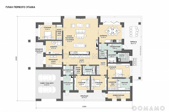 Проект современного дома с сауной, крытой террасой с барбекю, навесом для двух машин и 4 спальнями / План 1 этажа