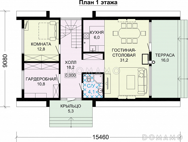Проект каркасного А-образного дома-шалаша / План 1 этажа
