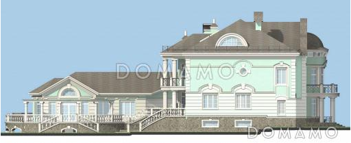 Проект коттеджа с двусветной гостиной, бильярдной и бассейном / Фасад 2