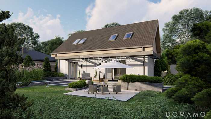 Проект небольшого загородного дома с большим чердаком, кладовой на кухне, двумя спальнями