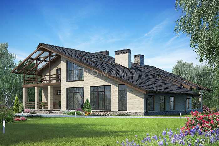 Проект дома с двускатной крышей, бассейном, зимним садом и небольшим подвалом