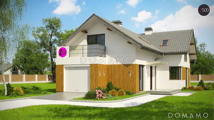 Проект мансардного дома из кирпича с тремя спальнями, кабинетом, балконом и гаражом